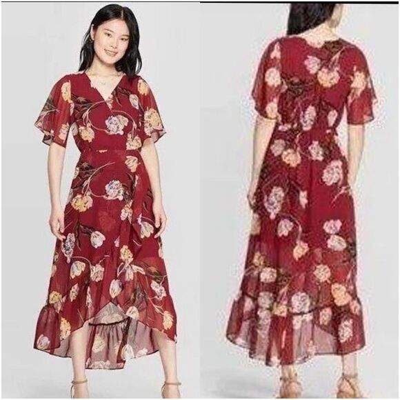 a new day Dresses & Skirts - A New Day High Low Flowy Ruffle Dress Burgundy Red Size Large